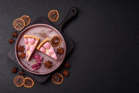 Sweet cheesecake with berry flavor, decorated with pink hearts, sweets for Valentine's Dayの写真素材