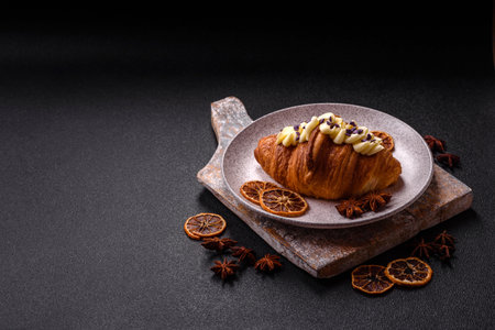 Sweet crispy fresh croissant with berry filling on dark concrete background