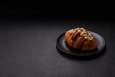 Sweet crispy fresh croissant with berry filling on dark concrete backgroundの写真素材