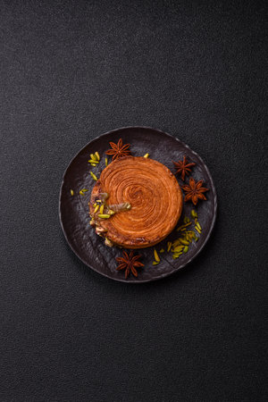 Round puff pastry croissant with pistachio filling on dark concrete backgroundの写真素材