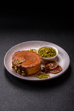 Round puff pastry croissant with pistachio filling on dark concrete backgroundの写真素材