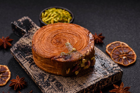 Round puff pastry croissant with pistachio filling on dark concrete backgroundの写真素材