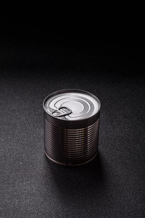 Metal cylindrical can on dark concrete backgroundの写真素材