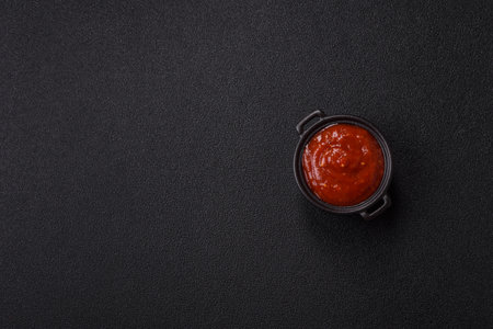 Red sauce or ketchup with salt and spices in ceramic sauce boat on dark concrete backgroundの写真素材
