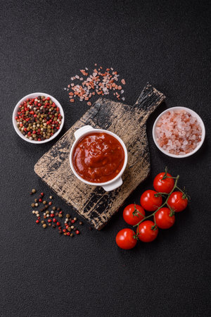 Red sauce or ketchup with salt and spices in ceramic sauce boat on dark concrete backgroundの写真素材