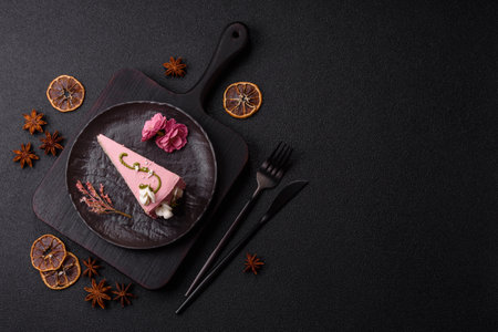 A piece of pink layered cake with strawberry flavor on a dark concrete backgroundの写真素材