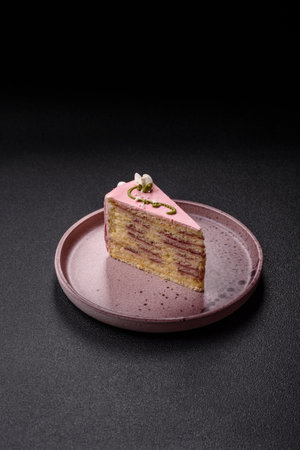 A piece of pink layered cake with strawberry flavor on a dark concrete background