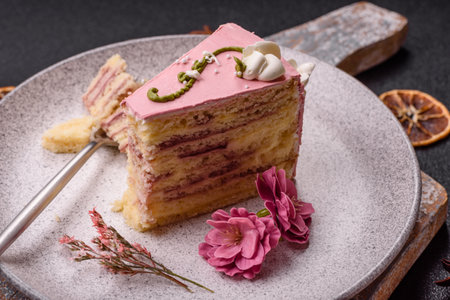 A piece of pink layered cake with strawberry flavor on a dark concrete backgroundの写真素材