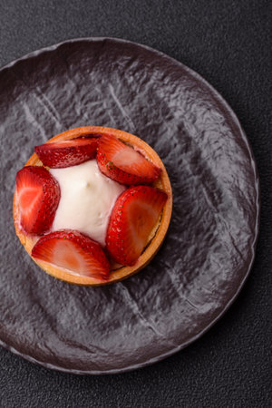 Round sweet tart with strawberry pieces and cream on dark concrete backgroundの写真素材