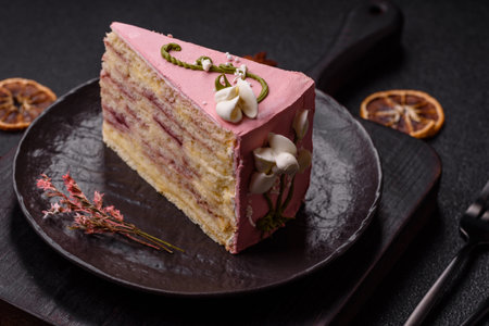 A piece of pink layered cake with strawberry flavor on a dark concrete background