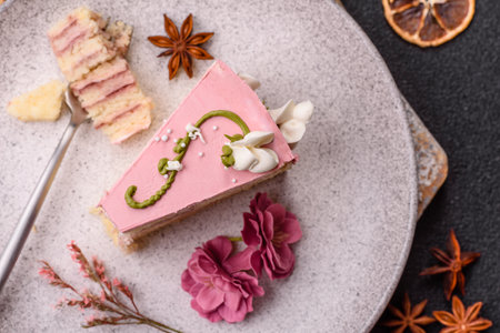 A piece of pink layered cake with strawberry flavor on a dark concrete backgroundの写真素材