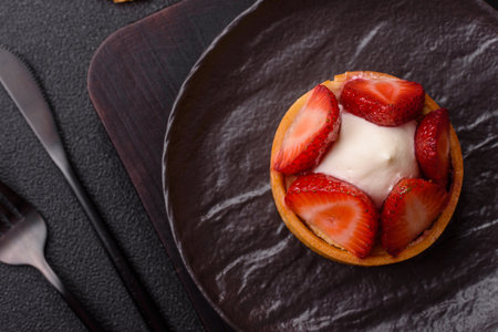 Round sweet tart with strawberry pieces and cream on dark concrete backgroundの写真素材