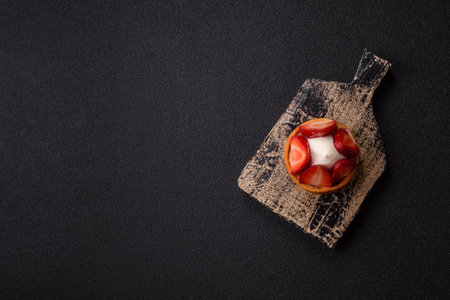 Round sweet tart with strawberry pieces and cream on dark concrete backgroundの写真素材