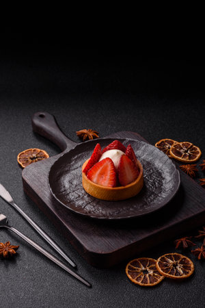 Round sweet tart with strawberry pieces and cream on dark concrete backgroundの写真素材