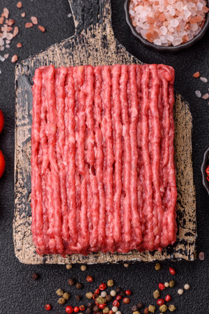Raw ground beef or pork with salt and spices on dark concrete background