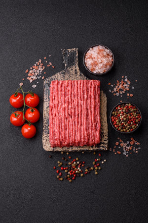 Raw ground beef or pork with salt and spices on dark concrete backgroundの写真素材