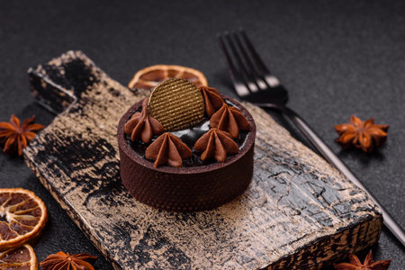 Sweet round tart with chocolate coating and nut filling on dark concrete backgroundの写真素材