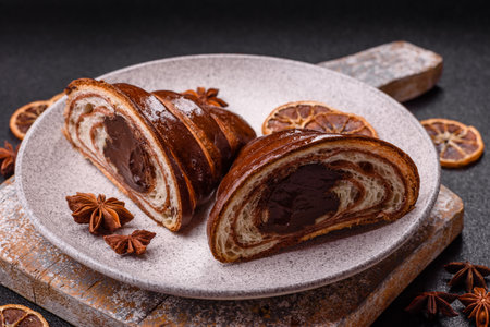 Sweet fresh crispy croissant with chocolate filling on dark concrete backgroundの写真素材