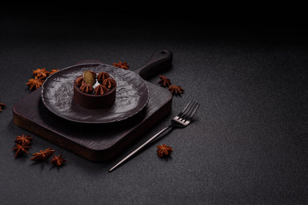 Sweet round tart with chocolate coating and nut filling on dark concrete backgroundの写真素材