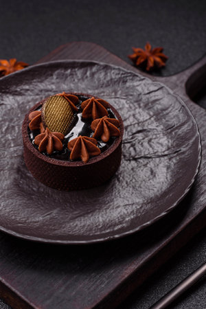 Sweet round tart with chocolate coating and nut filling on dark concrete backgroundの写真素材