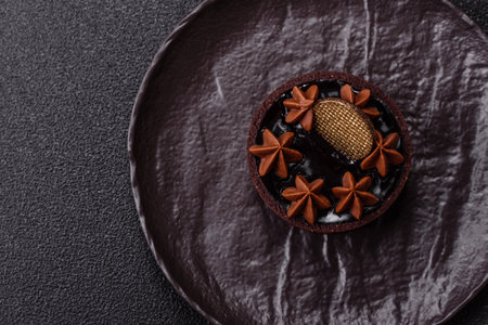 Sweet round tart with chocolate coating and nut filling on dark concrete backgroundの写真素材