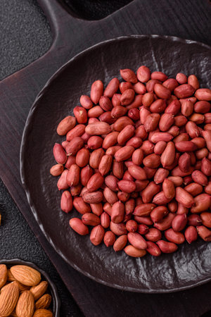Peanuts or peeled graundnut in a bowl on a dark concrete background. Nut as a source of protein