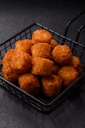 Cheese or potato croquettes, balls fried in breading with salt, spices on a dark concrete backgroundの写真素材