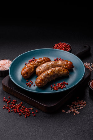 Grilled pork or beef sausages. German sausages with salt, spices and herbsの写真素材