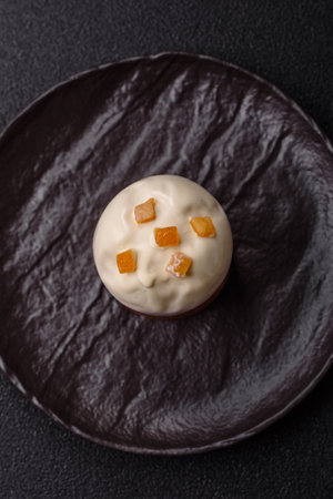 Easter cake covered with icing with fruit and candied fruits. Sweets for the table of the religious feast of Easterの写真素材