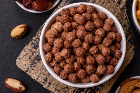 Cereal chocolate corn balls in a bowl. Delicious, healthy breakfast balls
