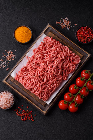 Ground beef mince fresh raw with salt and spices. Ground beef is an ingredient for making burger pattiesの写真素材