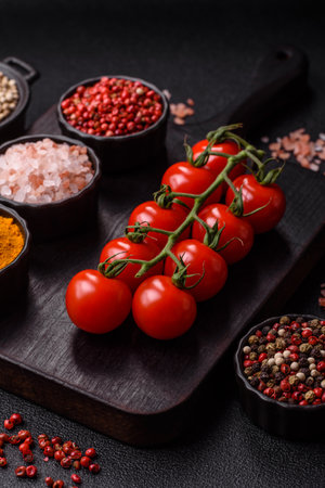 Red cherry tomatoes on a branch, an ingredient for making saucesの写真素材