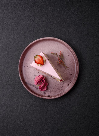 A slice of pink colored puff cake for a birthday celebration. Sweets to celebrate a wedding or...