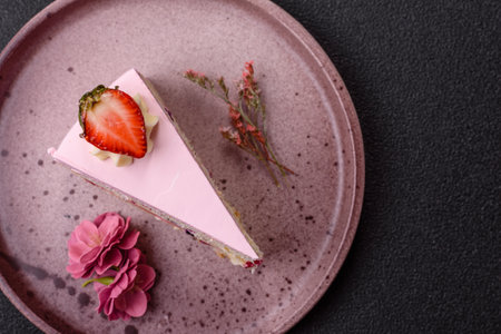 A slice of pink colored puff cake for a birthday celebration. Sweets to celebrate a wedding or...