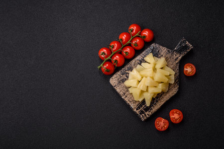 Tropical sweet pineapple fruit sliced into slices. Pineapple as an ingredient for pizza or saladの写真素材