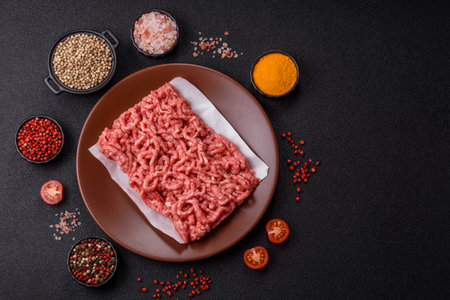Stuffing or ground raw beef or pork with salt and spices on a black backgroundの写真素材