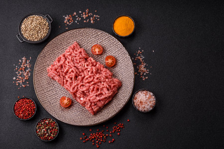 Stuffing or ground raw beef or pork with salt and spices on a black backgroundの写真素材