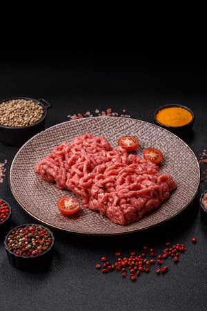 Ground raw beef with salt and spices on a black backgroundの写真素材