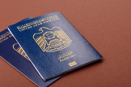 OAE passport for traveling, flying and doing business. Arabic document, id for crossing the borderの写真素材