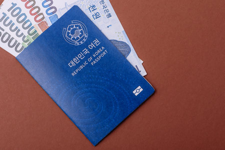 Korean passport for traveling, flying and doing business. South korea document, id for crossing the borderの写真素材