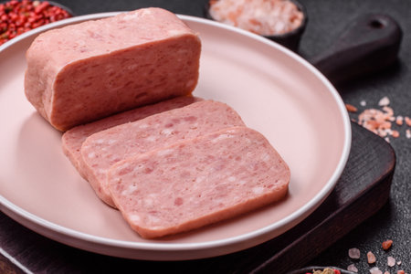 Canned ham, meat, pork, with spices and salt, slices on a dark concrete background