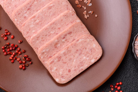 Canned ham, meat, pork, with spices and salt, slices on a dark concrete background