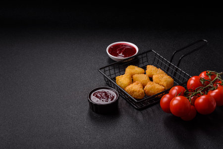 Fried mozzarella or brie cheese with cranberry or raspberry sauce.の写真素材