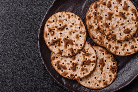 Matzah wheat bread for the Jewish holiday of passover. Kosher thin wheat matzo breadの写真素材