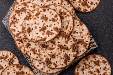 Matzah wheat bread for the Jewish holiday of passover. Kosher thin wheat matzo breadの写真素材
