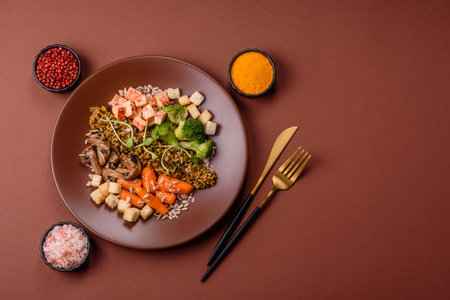 Food bowl with tofu, quinoa, broccoli and carrots, microgreens, flax and sunflower seedsの写真素材