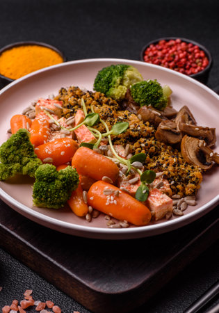 Food bowl with tofu, quinoa, broccoli and carrots, microgreens, flax and sunflower seedsの写真素材