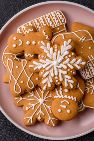Christmas winter gingerbread, holiday biscuits on monochrome background. New Year gingerbread on the tableの写真素材