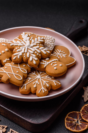 Christmas winter gingerbread, holiday biscuits on monochrome background. New Year gingerbread on the tableの写真素材