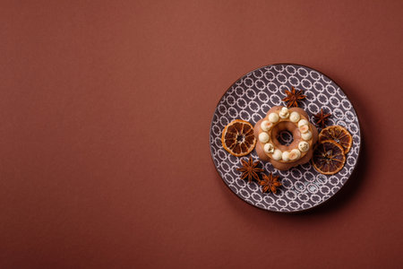 Round chocolate tart or pie with cream berry filling, birthday or wedding dessertの写真素材